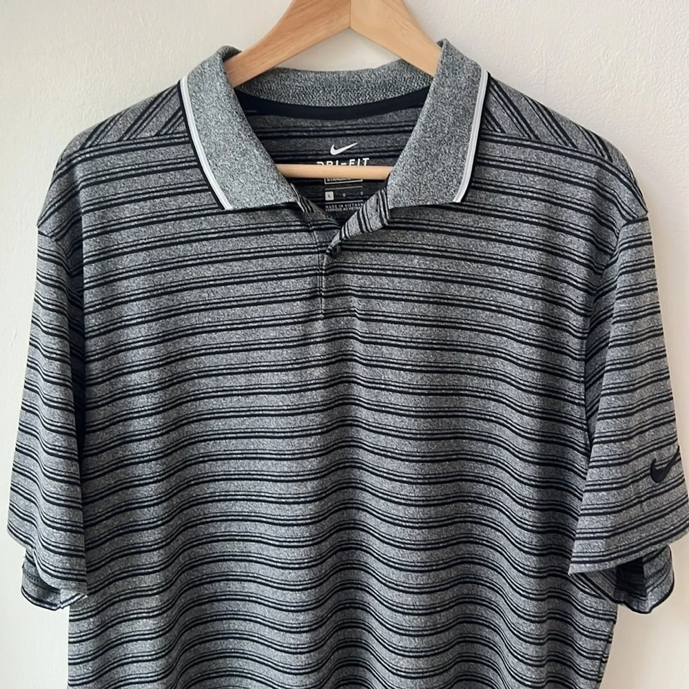 Men's Nike Golf Polo DRI-FIT Vapor Black Gray Striped Size Large